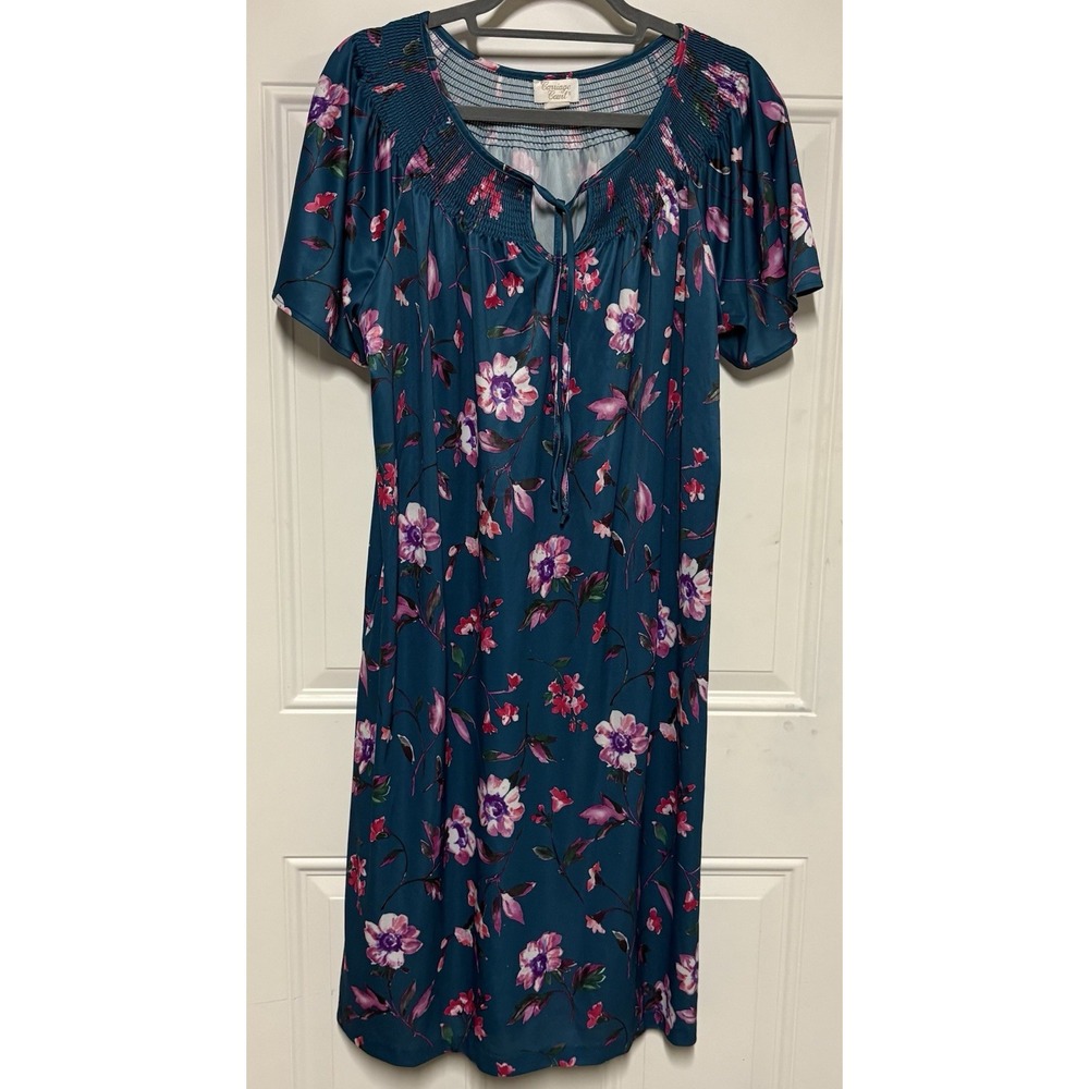 Vtg Carriage Court Sun Dress Or Nightgown Turquoise Floral Gorgeous Large